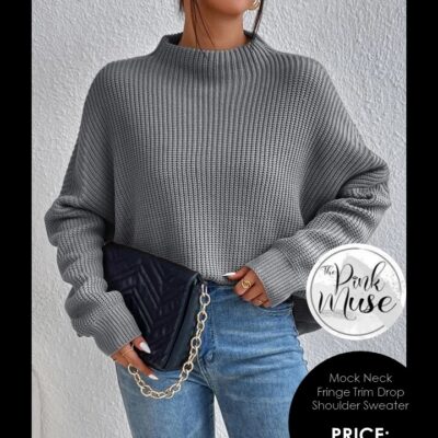 Mock Neck Fringe Trim Drop Shoulder Sweater