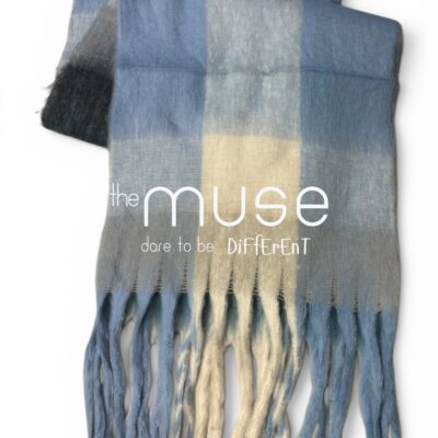 Soft brushed scarf in shades of dusty blue, cream, grey, and charcoal with a subtle gradient check pattern and fringe detailing.