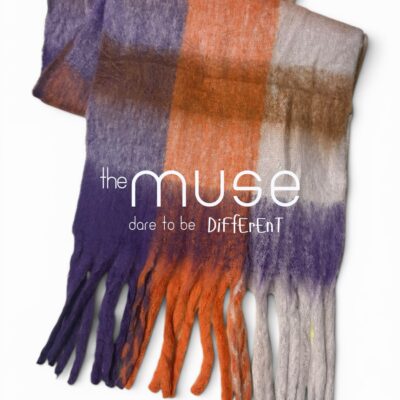 Soft brushed scarf in a gradient blend of purple, burnt orange, taupe, and light grey tones with fringe detailing on the ends.